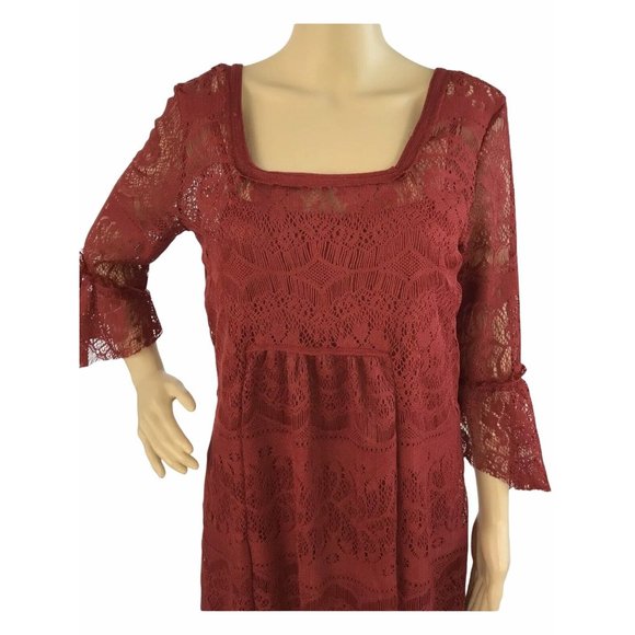 Queens Love Shift Dress M Red Lace Witchy Boho Peasant 3/4 Bell Sleeve Slip NWT - Picture 2 of 12